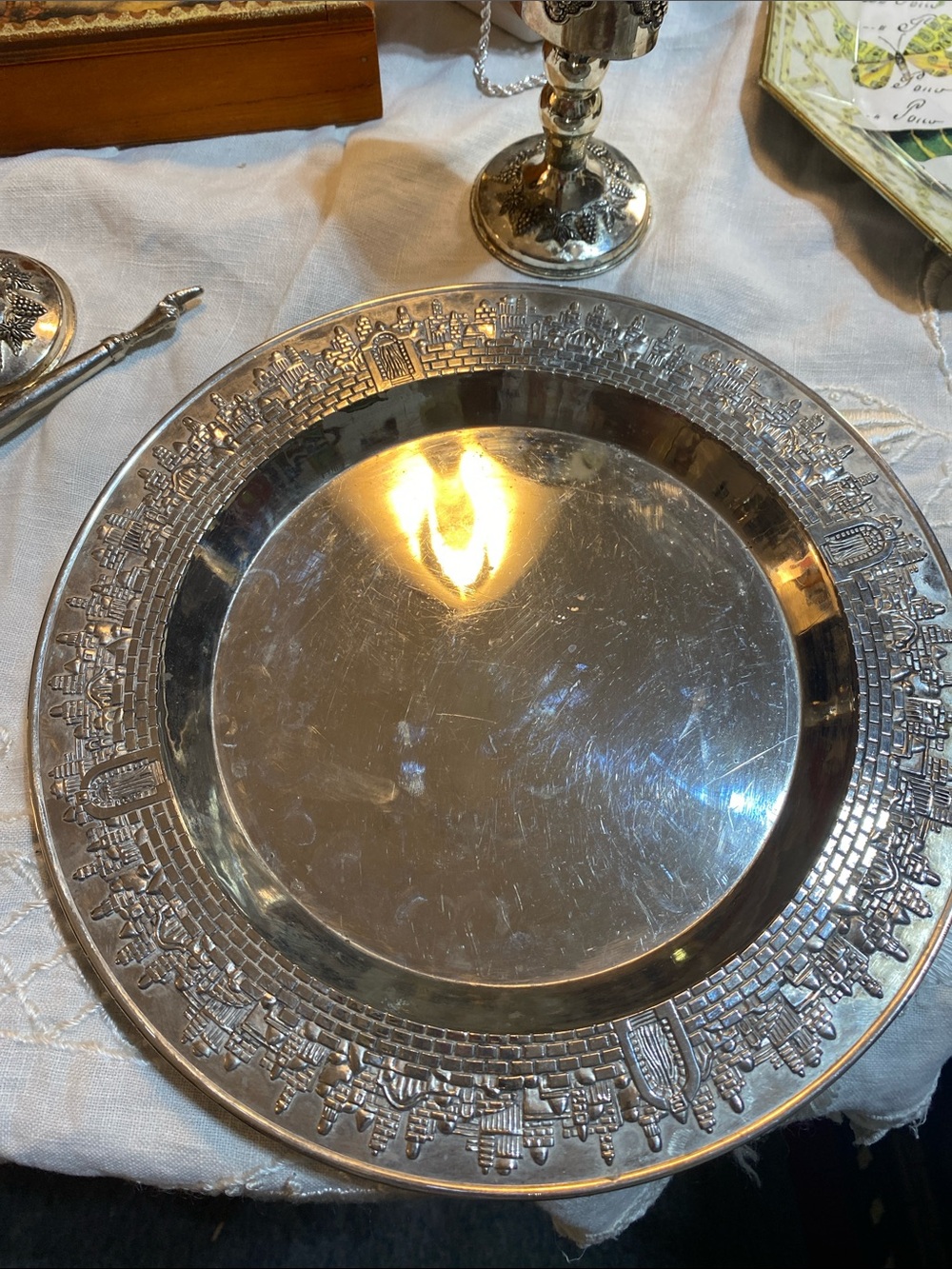 1955 vintage silver-tone platter by Karshi featuring a Jerusalem city motif